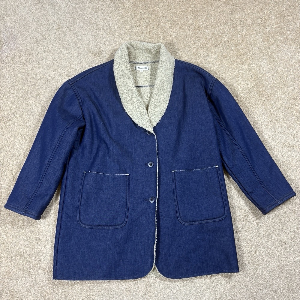 Madewell Sherpa Lined Bonded denim Cocoon Coat Womens XL Blue Jean Oversized EUC